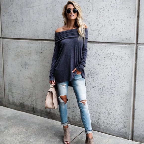 Foldover Off Shoulder High Low Knit Sweater Top - Picture 5 of 11